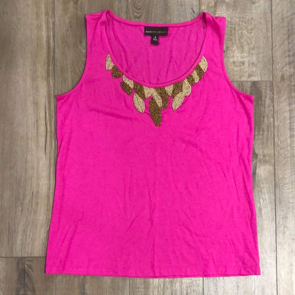 NWOT - DANA BUCHMAN Pink Sleeveless Top with Gold Bead Accents